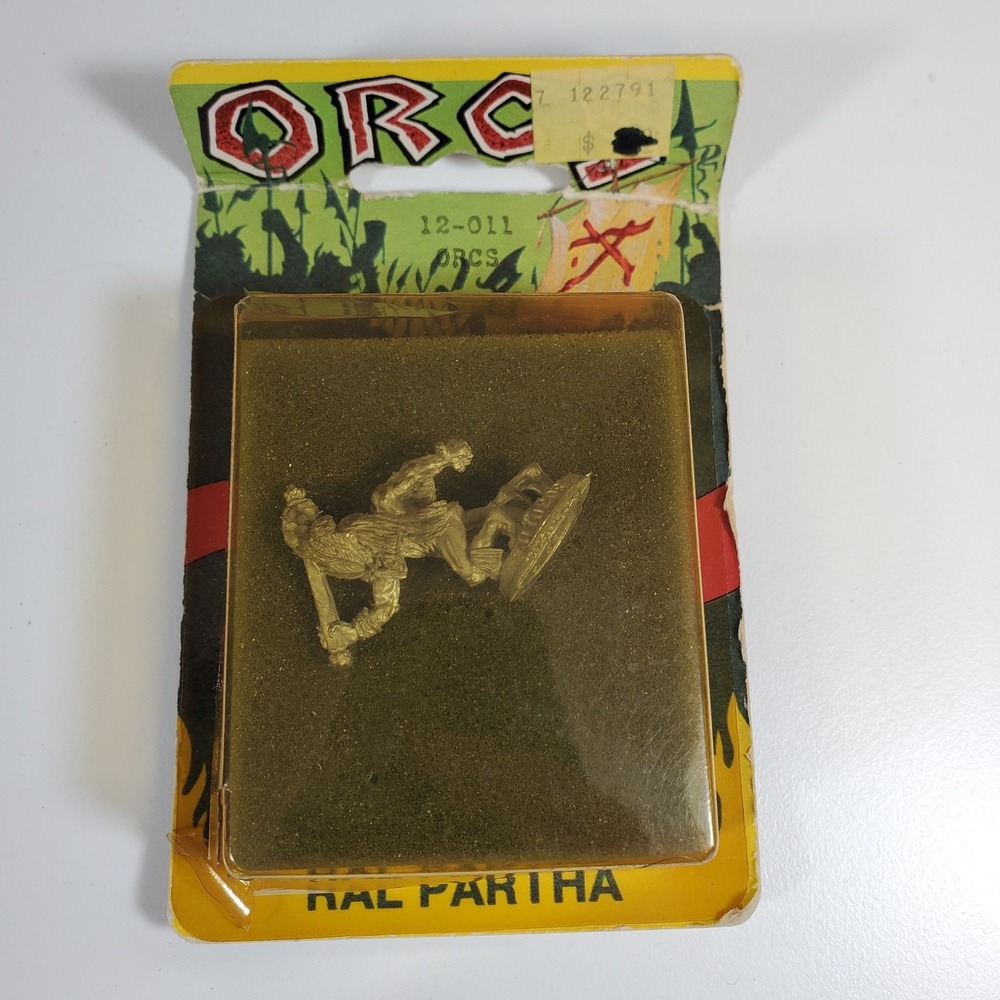 Vintage Ral Partha 12-011 Orcs Metal Miniature Yellowed Dented Packaging D&D RPG
